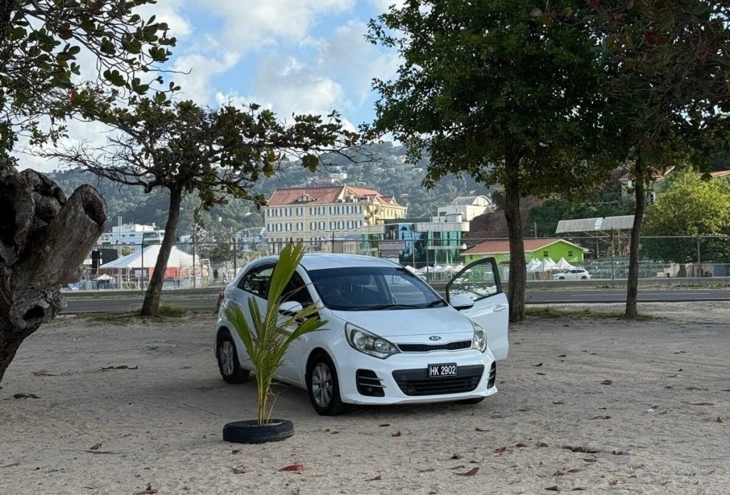 Our rental car in Saint Lucia, perfect for exploring the island's hidden beaches and scenic roads during our family trip.