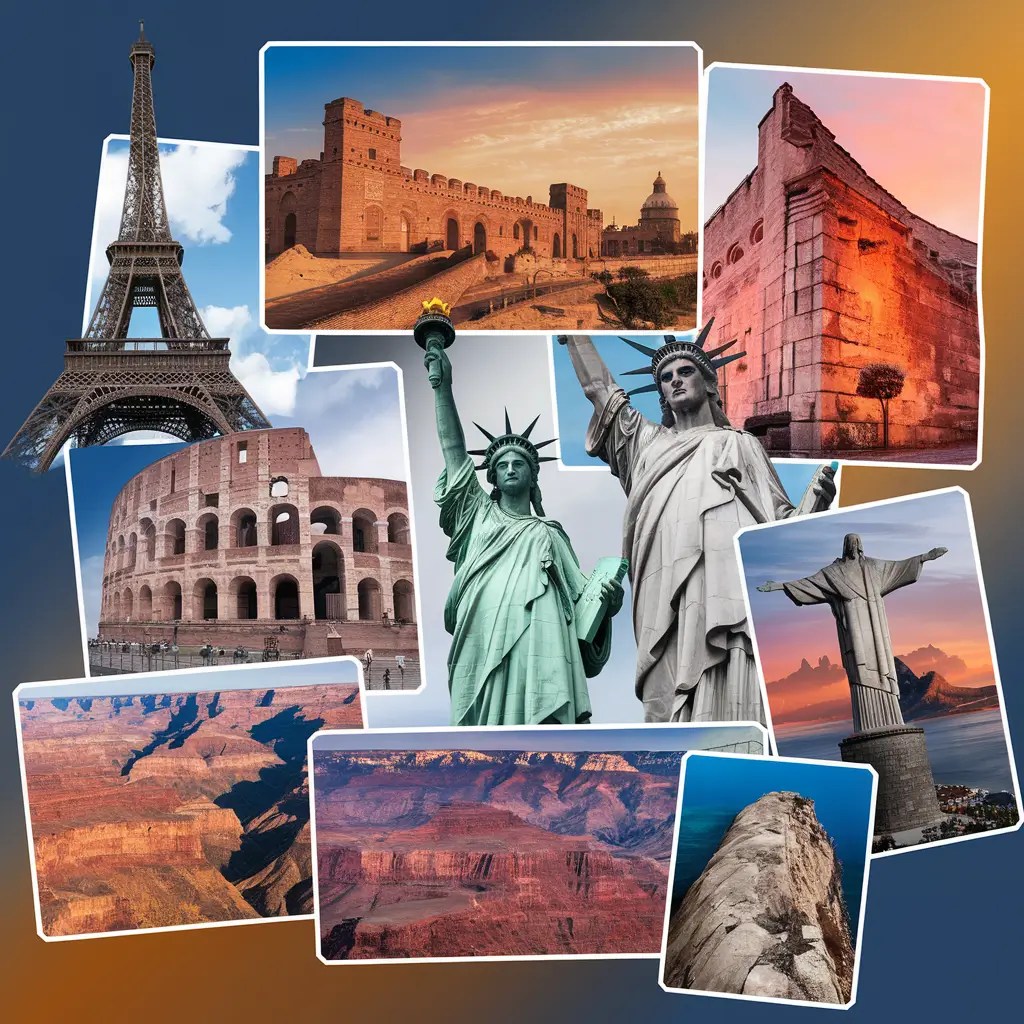 Scrapbook-style collage featuring iconic travel destinations, reflecting a love for adventure, discovery, and family memories