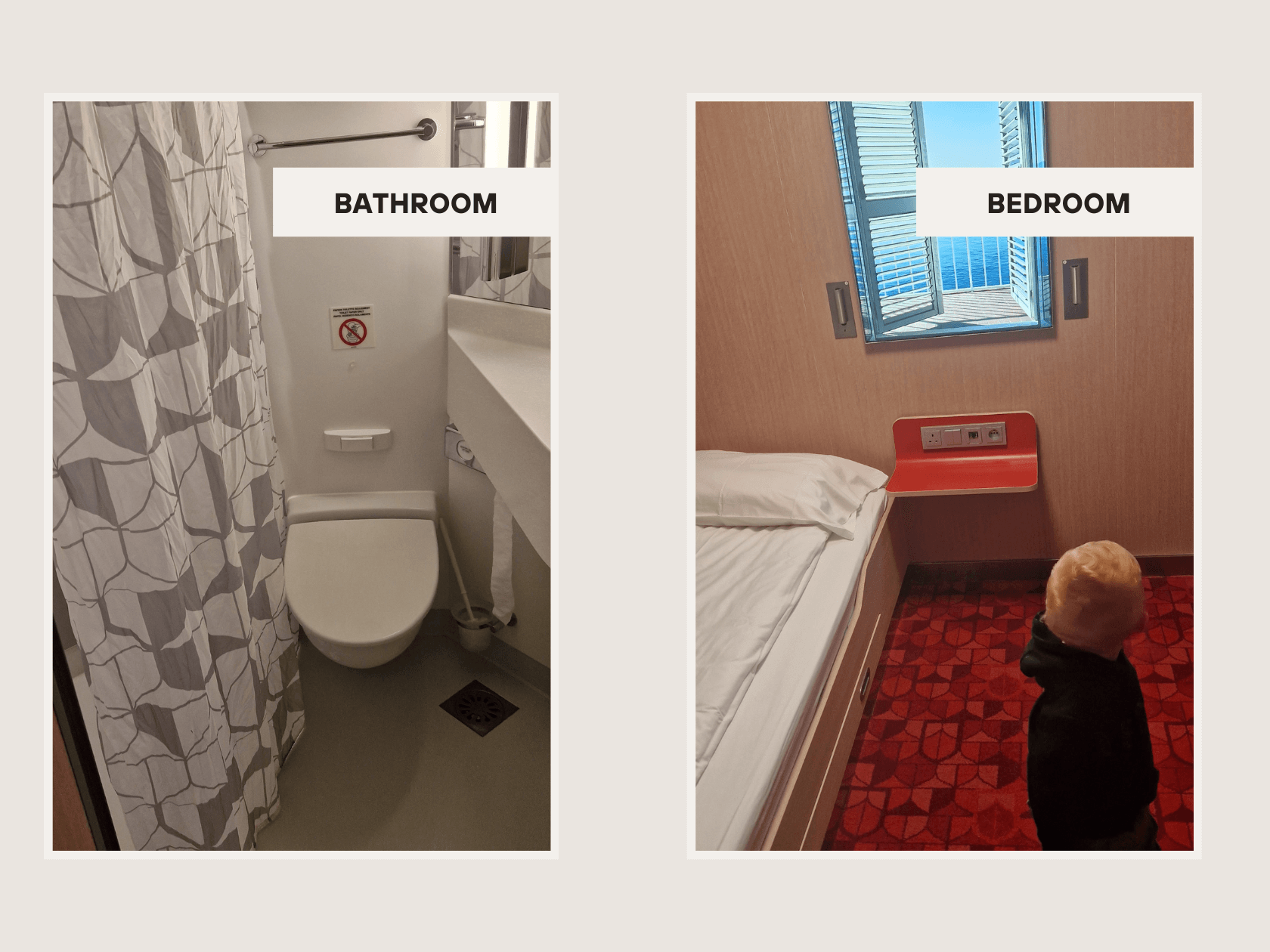 Interior collage of Santona ferry cabin showing foldaway beds and compact bathroom with shower and sink