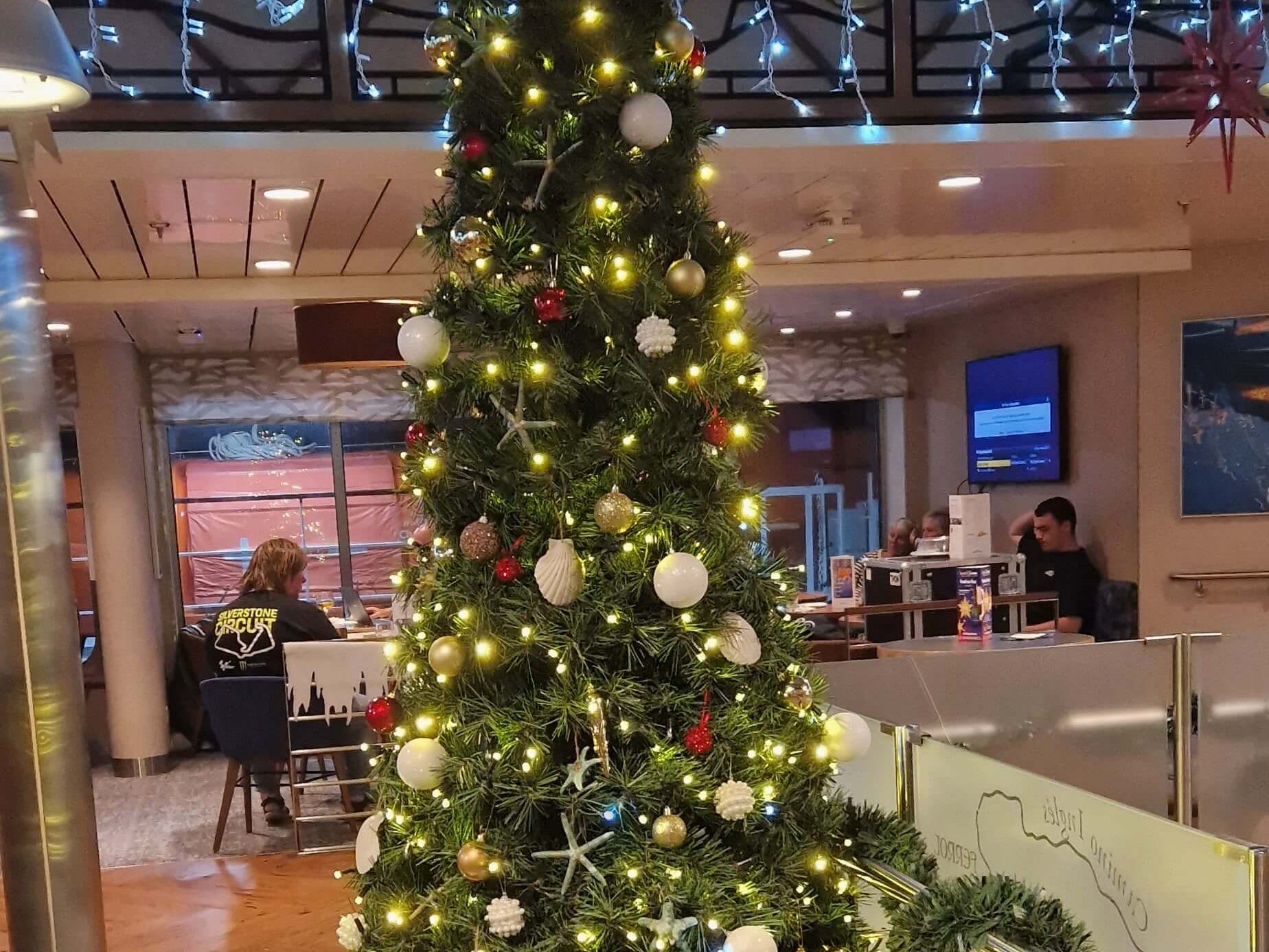 Christmas tree onboard the Santona ferry with festive decorations