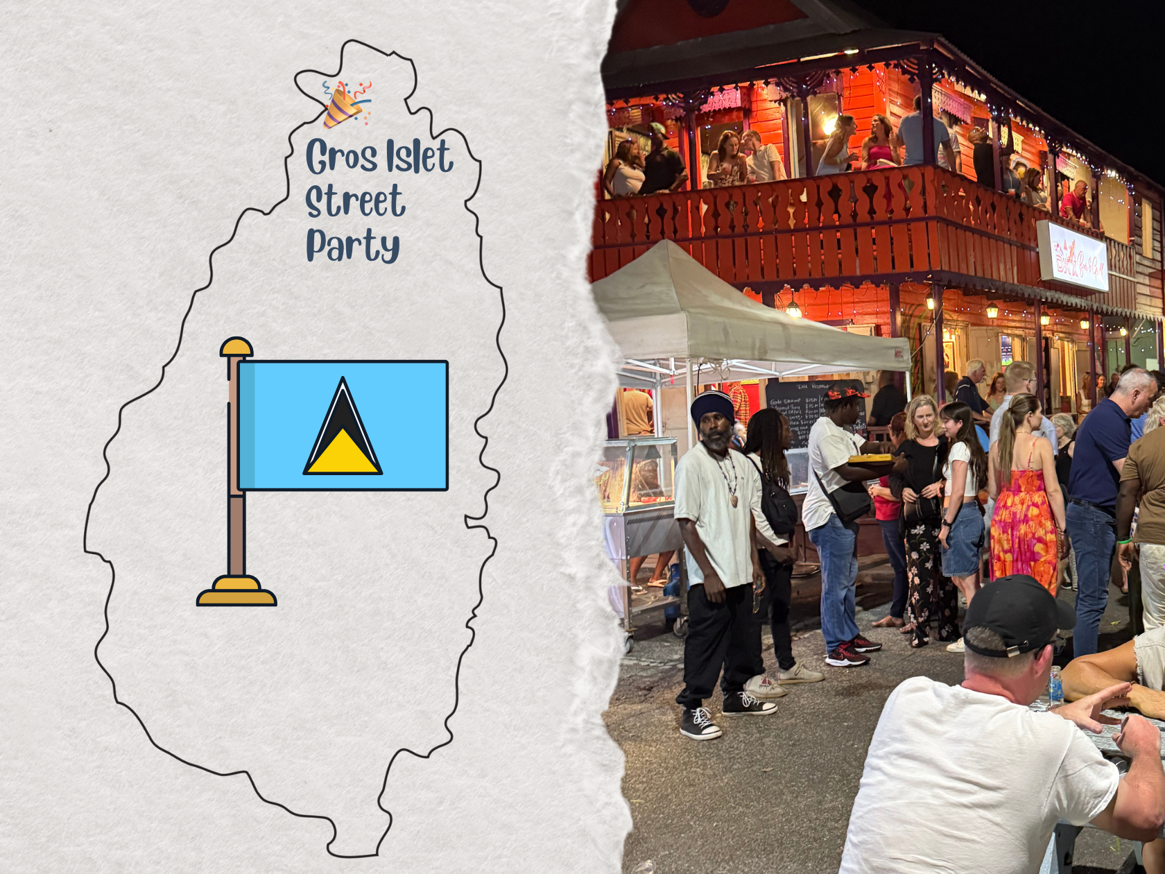 Stylised map of Gros Islet showing the Friday Night Street Party location alongside a photo of the event