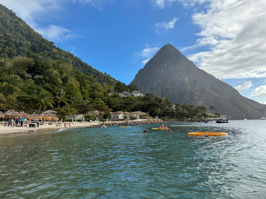 Sugar Beach in Saint Lucia with the iconic Piton mountain rising behind