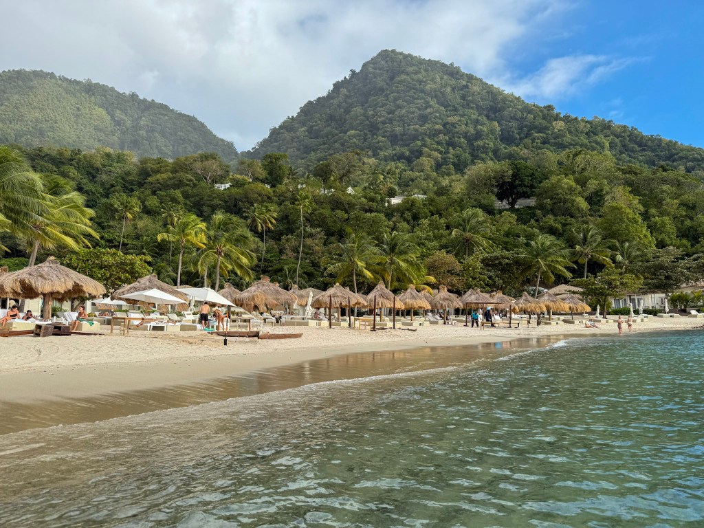 Sugar Beach from the water Crystal clear water and sandy shoreline of Sugar Beach in Saint Lucia