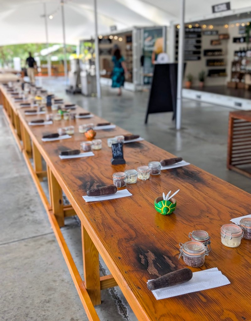 Chocolate-making workbench at Project Chocolat, showing tools and ingredients 
